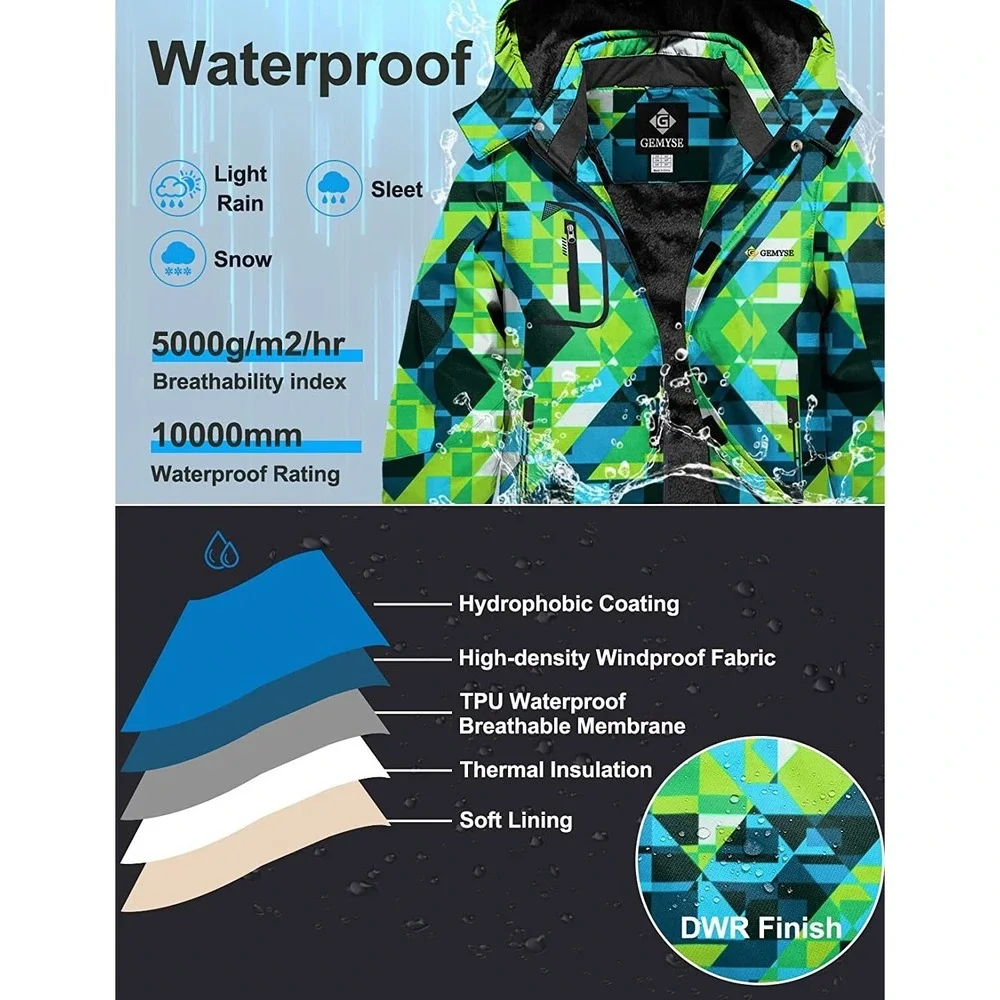 Boys Waterproof Ski Snow Jacket Hooded Fleece Windproof Winter Jacket 14 - 16 XL